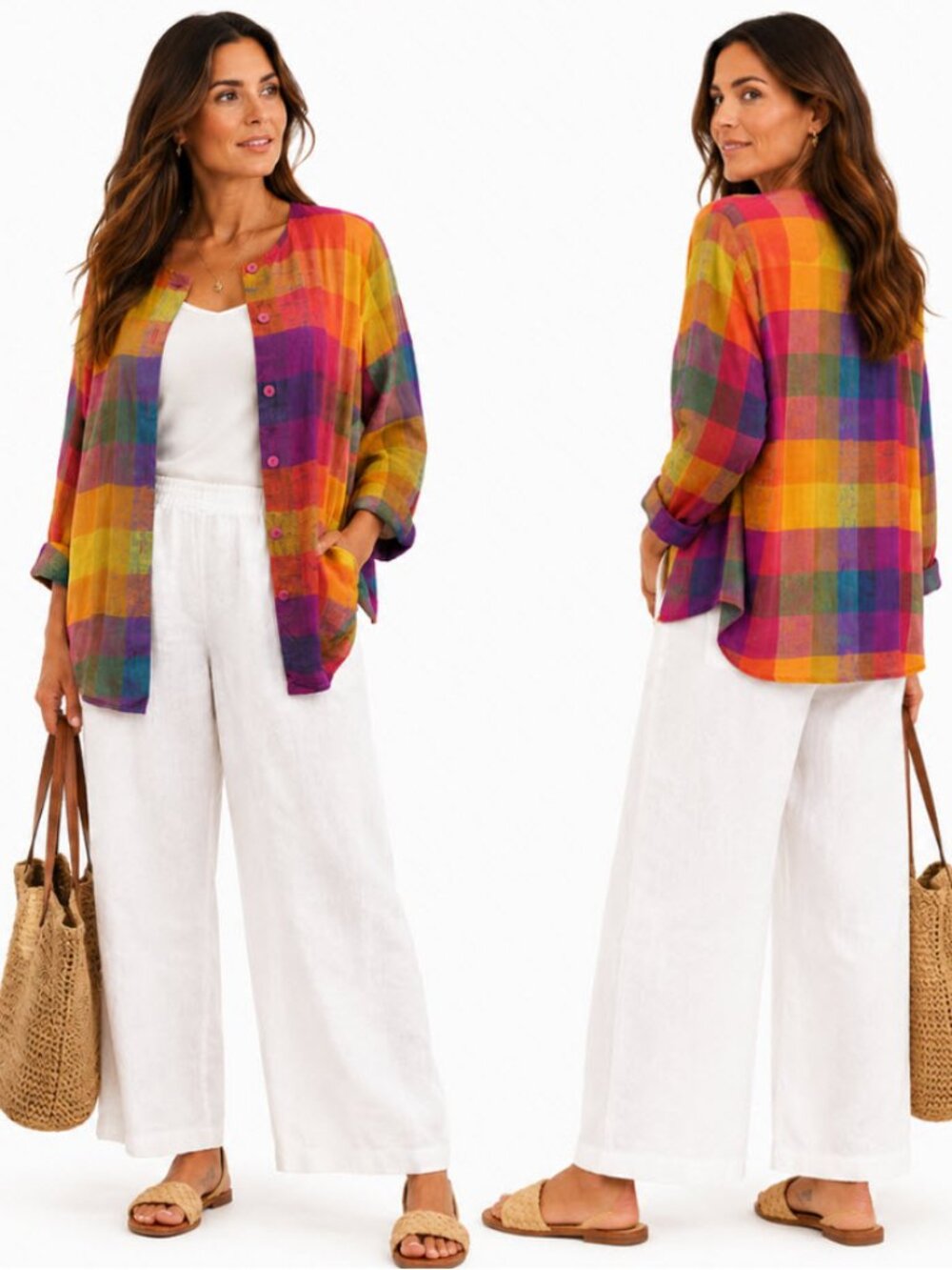 Simon Chang Linen Plaid Jacket Boho Coastal Artwear Size 12 Multicolour